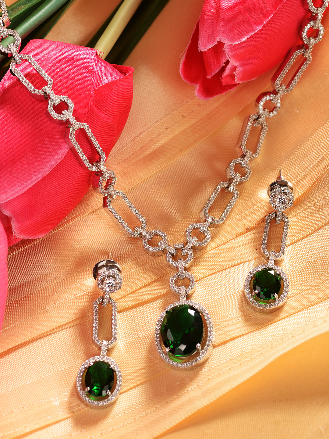 Silver Plated Green AD Studded Statement Link Necklace Jewellery Set, zaveri pearls, sale price rs, sale price, sale gold plated, sale gold, sale, rubans, ring, regular price, priyassi jewell